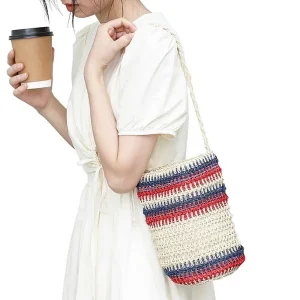 Korean-Style Retro Woven Straw Single Bucket Tote Bag Soft Small Casual String Drawstring Contrasting Color Shoulder Bag Women