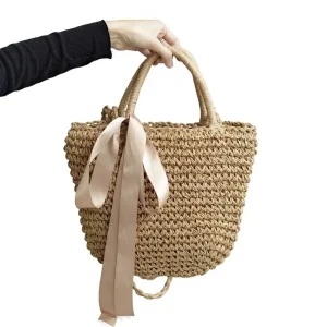 Korean Style Ribbon Bow Straw Bag Casual Fashion Beach Bag Handbag Internet Popular Woven Two Straps Polyester Shoulder Bag