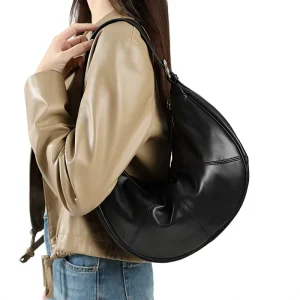 Korean style Chic Half moon Hobo Bag Genuine Leather Womens Versatile Commuter Shoulder Bag