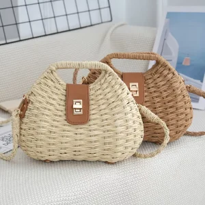 Korean-style Woven Straw Crossbody Tote Bag for Women Summer Beach Vacation with Polyester Lining