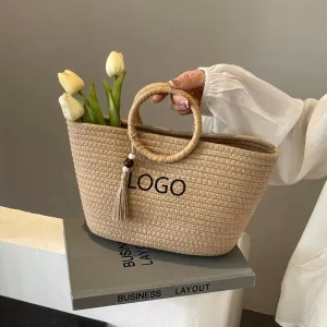 LOW MOQ New Style Handmade Straw Fabric Tote Beach Bag Custom Summer Beach Straw Bag Woman Tote Beach Bag