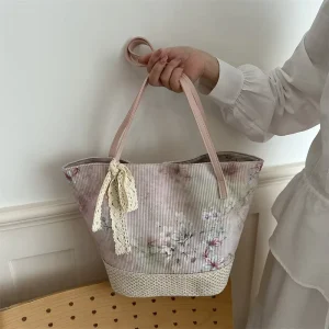 Lace PU Bag Woven Womens Seaside Vacation Beach Large Capacity Shoulder Bag Sweet Bucket Polyester Lining Tote Bag