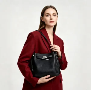 Ladies Casual Fashion Genuine Cowhide Leather Waterproof Bucket Bag Lychee Grain Single Handle Hasps Closure Shoulder Bag