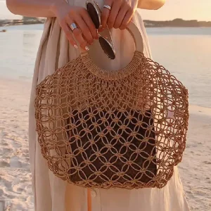 Ladies Casual Summer Straw Beach Handbag Women’s Handmade Woven Fishing Net Open Closure Character Travel Ready Weave