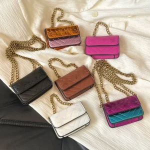 Ladies Girls Crossbody PU Leather Mirco Wallet Colorful Letter Long Chains Small Purses