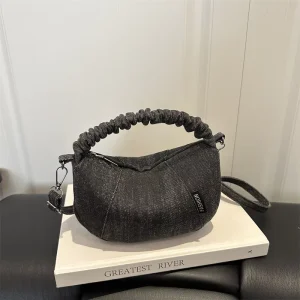Ladies Handbags Custom Moon Shape Premium Denim Material With Wrinkles Strap Handbag Crossbody Bags for Women