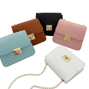 Ladies Middle Square Satchel Shoulder Bag Classic Everyday Use Single Strap PU Lock Chains