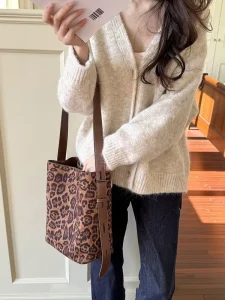 Ladies PU Leather Bucket Bag Vintage Leopard Pattern Women’s Shoulder Bags