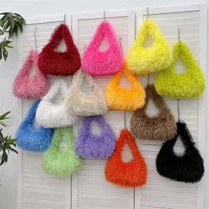 Ladies Purses and Handbags Solid Fuzzy Shoulder Bag Fur Women Small Puffy Handbags