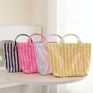 Ladies Striped PVC Tote Bag with Polyester Lining Waterproof Shoulder Bag Large Capacity Embroidery Detail for Women