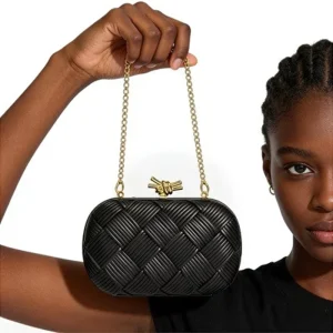Ladies Woven Black PU Leather Mini Chain Strap Handbag Small Shoulder Handbags Women Wedding Party Turn Lock Evening Clutch Bag