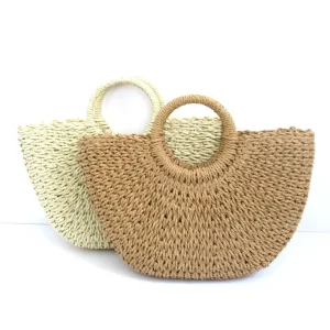 Lady Fashion Autumn Straw Bucket Bag Open Closure Simple Solid Color Retro Style Holiday Beach Handbag