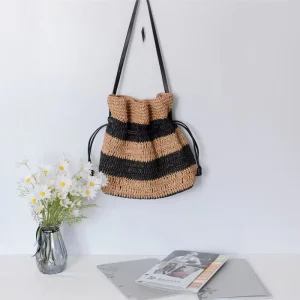 Lady Fashion Big Straw Shoulder Tote Bag with Drawstrings Portable for Spring Autumn Summer Beach Use