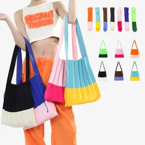 Lady Fashion Large Knit Tote Bags New Design Foldable Portable Shoulder Bag with Two Straps Open Closure Striped Pattern