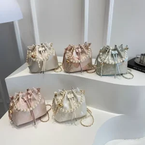 Lady Fashion Small Bucket Bag Portable PU Leather Chain Pearl Single String Cross-body Shoulder Strap Handbag