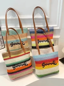 Lady Fashion Straw Woven Beach Tote Bag with Zipper Closure Two Handles Summer Large Capacity Portable Shoulder Travel Bag