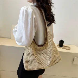 Lady Fashionable Seaside Travel Beach Underarm Straw Bag Two Straps Portable Open Closure Polyester Lining Kama for Outdoor