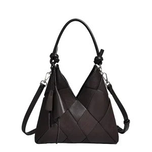 Lady Hand-woven Patchwork Bucket Bag Large Capacity Waterproof Polyester Lining Fashion Shoulder Crossbody Style