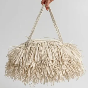 Lady Natural Paper Raffia Fringe Clutch Handmade Woven Straw Purse Crochet Polyester Lining Portable All Seasons Evening Bag
