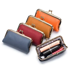 Lady Purse Metal Frame Mini Clutch Bag Custom Logo Vintage Women Kiss Lock Wallet Cowhide Leather Lipstick Storage Bag
