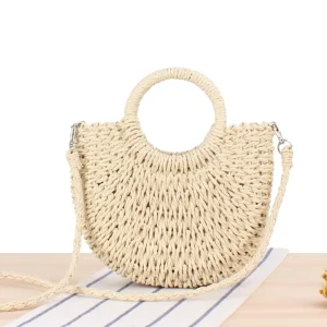 Lady Style Paper Straw Beach Bag Small Size Portable Shoulder Pouch with String Closure for Summer Autumn Spring