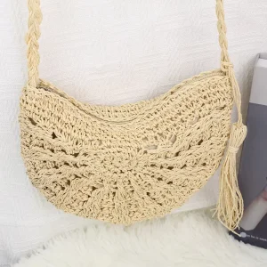 Lady Summer Semi circle Tassel Paper Straw Woven Beach Bag Zipper Closure Shoulder Crossbody Simple Comfortable Urban