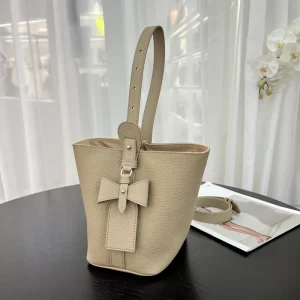 Lady Vintage Fashion Genuine Leather Bucket Bag Extended Strap Hand Shoulder Crossbody Carry Bow Decoration Customized Closure