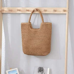 Lady Women’s Fashionable Portable Cross Body Straw Bag Zip Closure Two-Strap Bucket Shoulder Design Beach Shopping Travel Summer