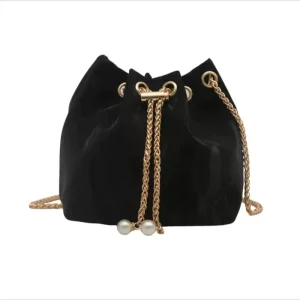 Lady’s simple drawstring bucket chain crossbody bag with pearl decoration for straight hair manufacturing factory