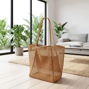Large Beach Mesh Tote Bag Casual Women Foldable Shoulder Shopping Bag for Beach Picnic Vacation