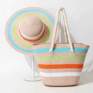 Large Beach Shoulder Bag for Women Wide Brim Straw Sun Hat and Straw Bag Set