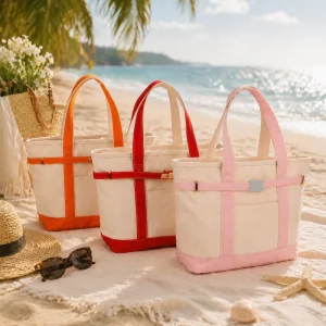 Large Canvas Tote Bag with Contrast Trim Top Zipper Closure Shopper for Vacation Gift with Front Pocket Beach Boat Tote Bag
