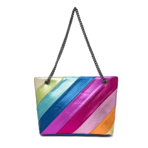 Large Capacity Bags Women Handbags Ladies Striped Chain Strap Tote Rainbow Leather Bag Patchwork Handbags