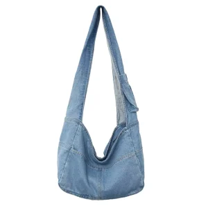 Large Capacity Canvas Shoulder Bag Solid Soft Denim Leisure or Travel Bag for Women Fashion Fatchels