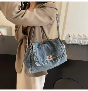 Large Capacity Chain Tote Handbags Ladies Denim Crossbody Casual Jeans Hobo Bags for Women