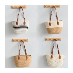 Large-Capacity Contrasting-Color Fashion Portable Rattan Basket Bag Two Handles for Women Vintage Casual Beach Straw