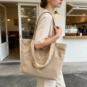 Large Capacity Corduroy Tote Bag Women’s Solid Color Handle Bag Eco friendly Zip Closure Shoulder Tote Bag