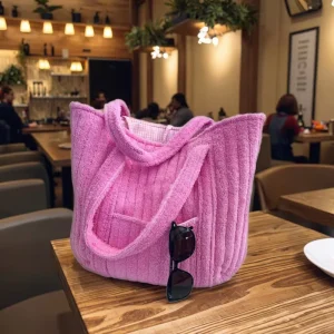 Large Capacity Custom Logo Women’s Pink Towel Quilted Shopping Tote Bag with Portable Strap for Daily Use and Beach Travel
