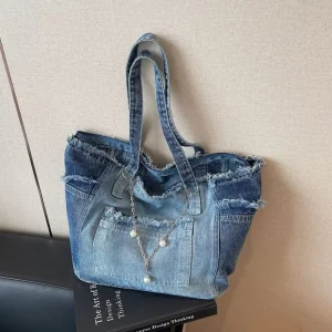 Large Capacity Denim Shoulder Bags for Women Tassel Design Versatile Ladies Travel Tote Bag Casual Female Pearl Chain Handbags