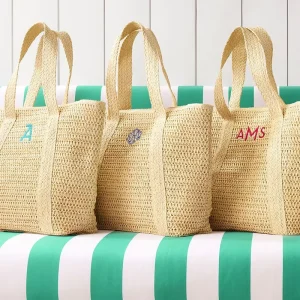 Large Capacity Embroidered Monogrammed Straw Tote Bag for Vacation Travelling Working Use Daily