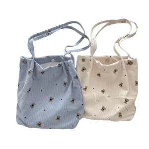 Large Capacity Fashion Women’s Cartoon Bear Corduroy Portable Shoulder Bag Two Straps Polyester Lining College Girls Tote Purse