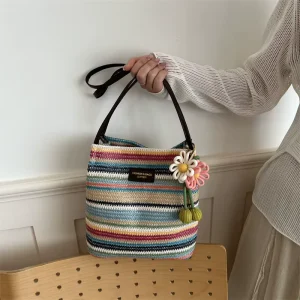 Large Capacity Hollow Straw Bag Women’s New Summer Casual Bag One Shoulder Hand Woven Straw Bag