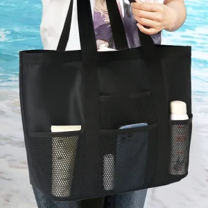 Large Capacity Mesh Beach Tote Bag Multi Pocket Breathable Swimming Shoulder Handbag Foldable Summer Travel Beach Storage Bags