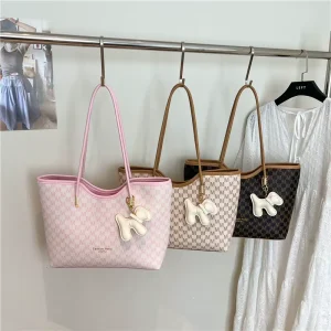 Large Capacity Monogram Tote Bag for Women PU Leather Shoulder Handbag with Cute Charm for Work Commutes