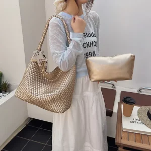 Large Capacity PU Leather Woven Shoulder Hobo Tote Bag Casual Ladies Work Travel