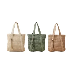 Large Capacity Paper Straw Beach Shoulder Bag Zipper Closure Urban Simplicity Style Soft Handle Tassel Detail Microfiber Lining