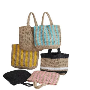 Large Capacity Paper Straw Women Bag Eco Friendly Straw Beach Bags Girls Stripe Tote Bags