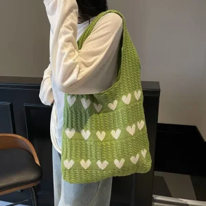 Large Capacity Polyester Straw Tote Bag Woven Heart Pattern Holiday Beach Shoulder Bag All Match Fashion