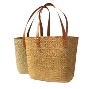 Large Capacity Portable Beach Bag with Button Closure Handwoven Summer Straw Tote with PU Handle Recyclable for Vacations