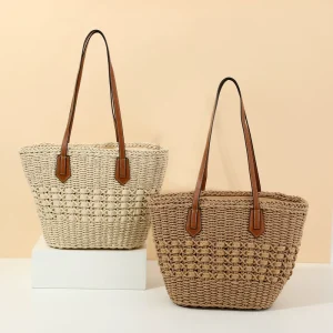 Large Capacity Portable Straw Bag for Women New Personality Summer Tote Bag Shoulder Flat Woven Pattern Bag